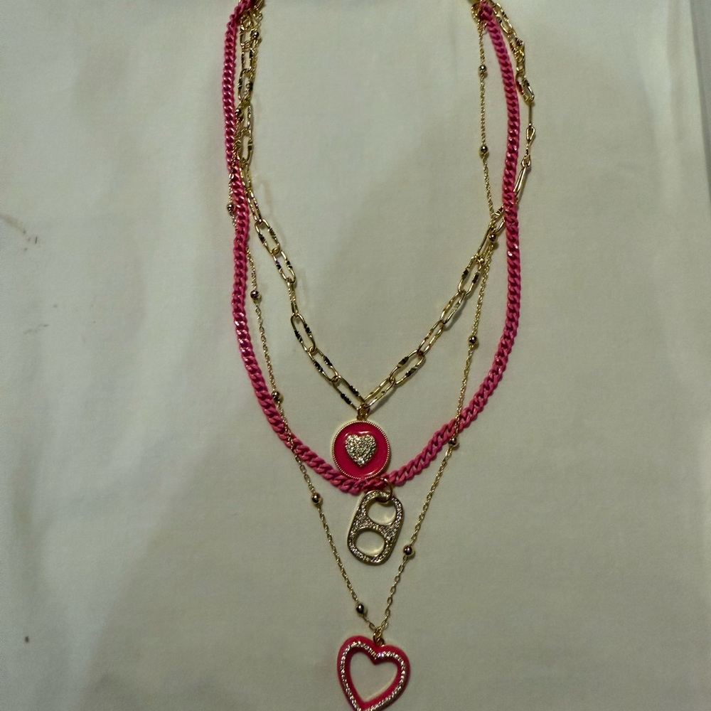 Pink and Gold Layered Necklace with Heart and Circular Pendants